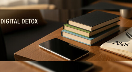 A smartphone sits on a wooden surface with books and a notebook with the number 2026. "Digital detox" message representing the importance of well-being