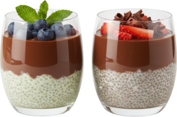 Two dessert glasses featuring layered chocolate pudding and chia seed pudding one topped with blueberries and mint the other with strawberries and chocolate shavings