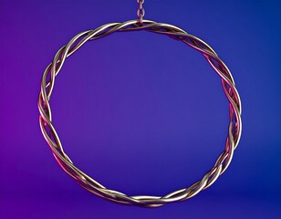 Braided metallic ring, suspended from chain against gradient purple-blue backdrop