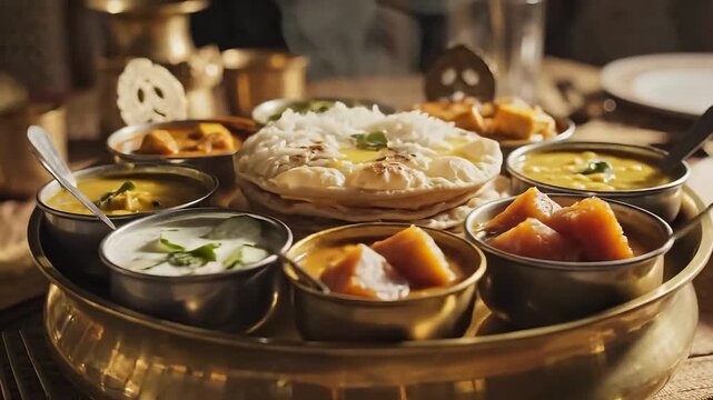 Delicious Indian thali with rice and assorted curries