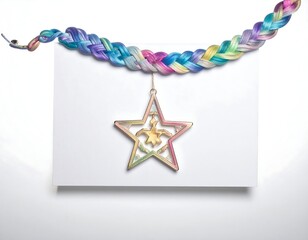 Braided multicolored thread on a blank card, with a star pendant, all on white