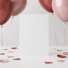 Blank white card mockup Valentine's day theme decoration like heart shaped decor and balloons on white background, copy space. Minimalist aesthetic.