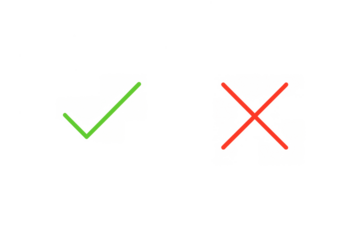 Green check mark and red cross symbol icon showing choices, correct, incorrect, approval, and denial on a transparent background