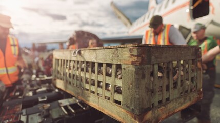 Medium shot showing a closeup of a crate containing exotic snakes being loaded into a wildlife relocation plane with the busy loading crew and aircraft details faded in the