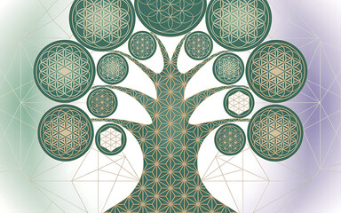 Tree of Life with Flower of Life Symbols isolated on a transparent background