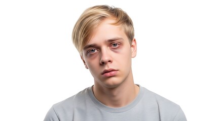 Portrait of a tired and exhausted young man with dark circles under his eyes, looking sad and weary against a clean white background.
