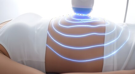 Close-up of woman receiving aesthetic body contouring treatment with glowing blue waves on abdomen