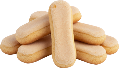 A small pile of golden brown oblong sugar dusted ladyfinger biscuits commonly known as savoiardi stacked together on a transparent background Ladyfingers