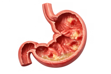Human stomach cross section showing gastric cancer, tumor, and disease symptoms with transparent background