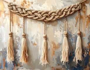 Braided rope garland with six hanging tassels against a textured, painterly abstract backdrop
