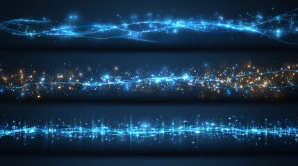 Set of luminous horizontal blue light lines with glittering particles and beam effects, creating a futuristic, energetic, and elegant abstract background with motion and glow