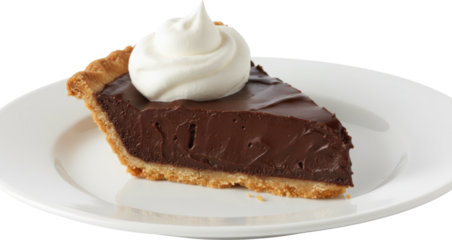 Rich dark chocolate silk pie slice topped with a swirl of white whipped cream resting on a clean white plate Dessert Sweet Pastry Food Baked Serving Gourmet