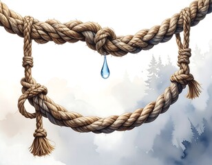 Braided rope in heart shape with water drop, forest backdrop