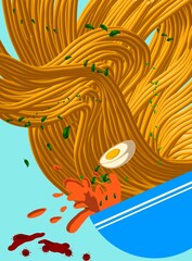 Abstract Noodle Explosion in Blue Bowl with Herbs and Red Sauce on Teal Background