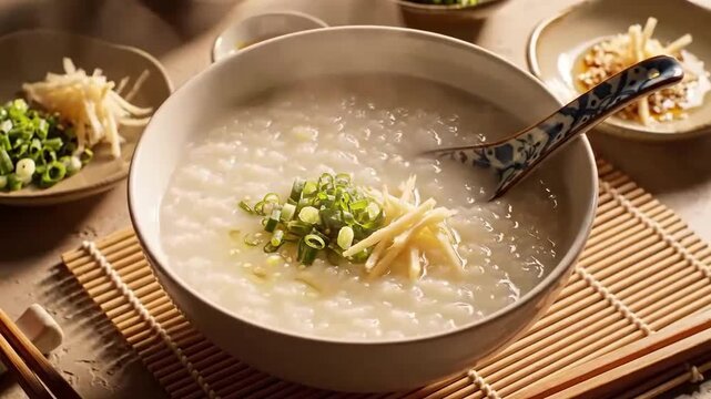 Delicious Congee With Fresh Spring Onions And Ginger Close Up Asian Cuisine Food Still Life