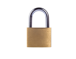 Fototapeta premium Gold-toned brass padlock with chrome shackle