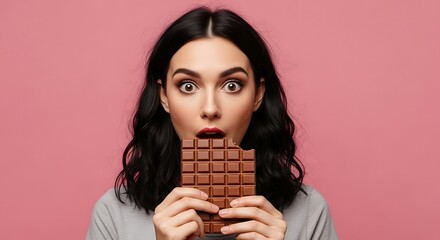 Surprised young woman with dark hair holding a milk chocolate bar against a vibrant pink background, expressing excitement and food craving