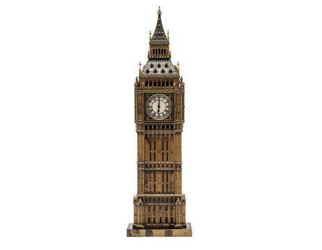 Gothic-style model of big ben tower with detailed clock face and ornate stonework