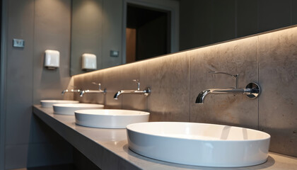 Row of identical white ceramic washbasins with chrome faucets in a modern public restroom. A large mirror reflects the clean minimalist interior, enhanced by soft overhead lighting.
