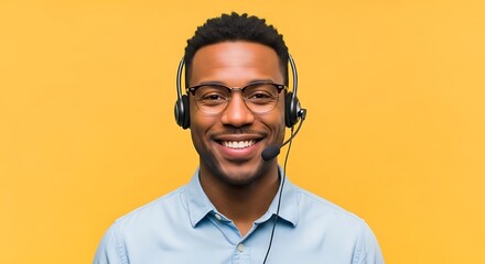 Portrait of a friendly Black man wearing a headset and glasses, working in a customer service or call center role against a yellow background.