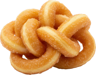 Pile of golden brown glazed sugared ring donuts artfully tangled together creating a tempting mound of sweet pastries isolated on a dark background Doughnut