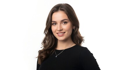 Portrait of a beautiful smiling young woman with long wavy brown hair wearing a black shirt isolated on white background.