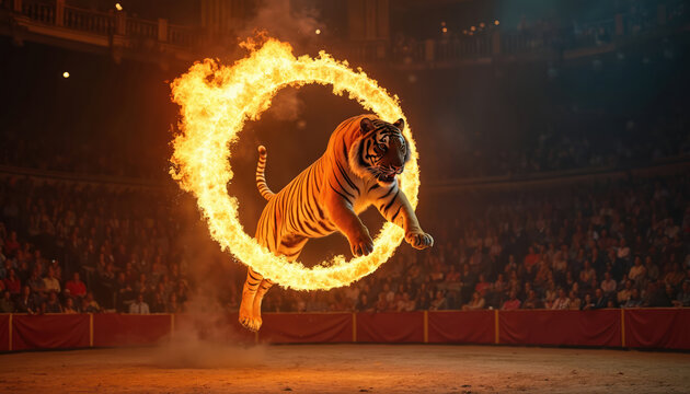 Tiger leaps through flaming ring in circus arena. Audience watches big cat perform dangerous stunt. Lights illuminate intense animal act under spotlight.