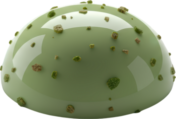 Smooth pale green dome shape with scattered dark green and brown textured crumbs on a glossy surface Dessert Pastry Glaze Food Sweet Confectionery Mousse