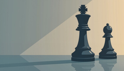 chess pieces king and pawn in minimalist style with shadows on a reflective surface representing strategy and planning in a game context