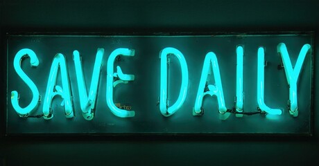 Obraz premium Bright neon sign displays Save Daily. Turquoise glow contrasts dark background. Simple message, bold lettering, modern aesthetic.