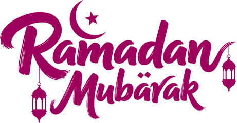 Ramadan Mubarak Typography Vector - Purple Islamic Greeting with Lanterns and Moon