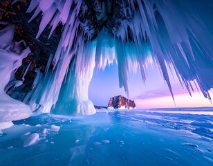 Breathtaking ice cave entrance with icicles, view of island, twilight sky, and frozen lake