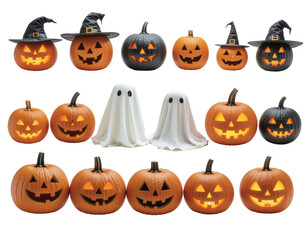 Halloween display of carved pumpkins with witch hats and friendly ghosts arranged in rows