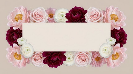 Floral banner blank card mockup, aesthetic flowers  frame . Space for text. Pale pink peonies,  roses, bordo peones, white ranuncylus on pale beige background. Flowers background