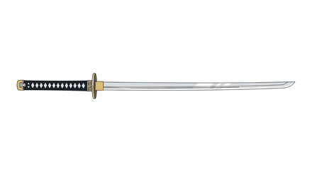 Fototapeta premium Traditional Japanese katana sword with a detailed black hilt and long polished blade on a clean white background.