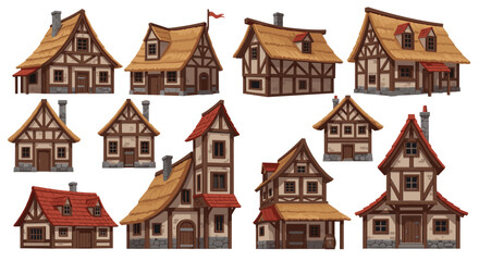 Collection of detailed medieval half timbered houses with thatched or tiled roofs in a charming old world village style.