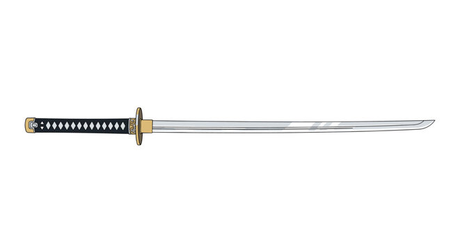 Traditional Japanese katana sword with a detailed black hilt and long polished blade on a clean white background.