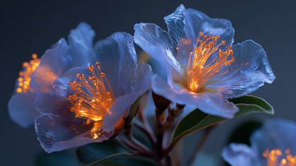 Bioluminescent blue flowers glow with radiant orange centers, creating a magical luminous scene that evokes wonder, fantasy, and the beauty of nature at night