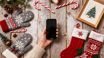 Hand holding phone surrounded by Christmas decorations