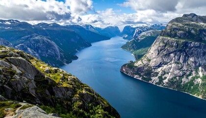 Breathtaking panoramic vista of a deep, blue fjord surrounded by towering, rugged cliffs