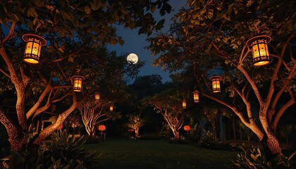 A serene garden at night with lanterns hanging from trees under a full moon
