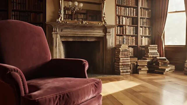 Elegant Library Scene with a Cozy Armchair and Bookshelves.