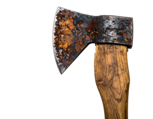 Close-up of a weathered, rusty axe head on a wooden handle against a stark black background