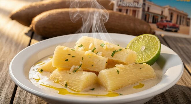 Elegant Cuban Yuca con Mojo Boiled Cassava with Garlic Sauce in White Bowl and Vintage Havana Postcard Background
