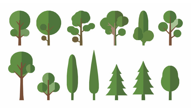 Modern geometric green trees vector collection for eco and nature design isolated on white background