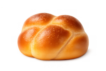 Golden brown braided challah roll with shiny glaze, fresh baked yeast dough pastry for breakfast or holidays on transparent background