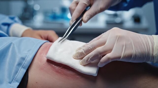 Applying Moist Saline Gauze to Chronic Wound for Wet Dressing Procedure.