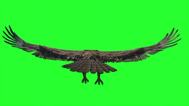 Majestically flying eagle from a back-view perspective gliding through a green screen background. Keywords: eagle, bird, flying, flight, wings, eagle flying, feathers, wildlife, nature, predator, rapt