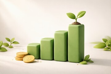 Growth trajectory illustrated through vibrant green bars symbolizing sustainable finance complemented by golden cryptocurrency coins fostering economic empowerment