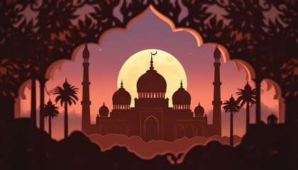 A serene mosque silhouette at sunset with palm trees and a crescent moon in the sky
